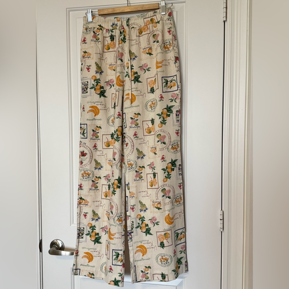 Rachel Zoe Linen Blend Wide Leg Pants Elastic Waistband Tropical Fruit, small